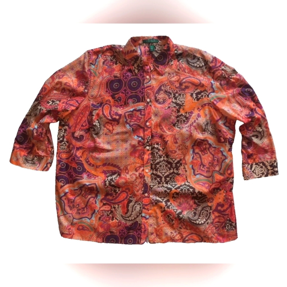 Lauren Ralph Lauren Orange Paisley Cotton Button Blouse Women's Plus Size: 1X